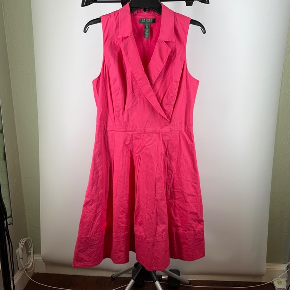 Lauren Ralph Lauren Dresses & Skirts - Lauren Ralph Lauren Pink Sleeveless Fit Flare Midi Dress Size 14 Cotton Surplice